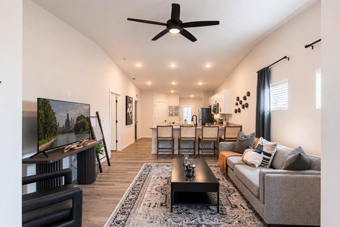 A living room with a grey couch, a black coffee table, and a television on the left side.