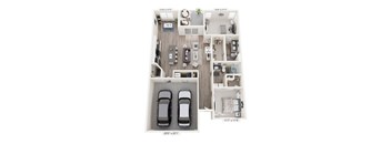 A floor plan of a two-bedroom apartment with a garage for two cars.