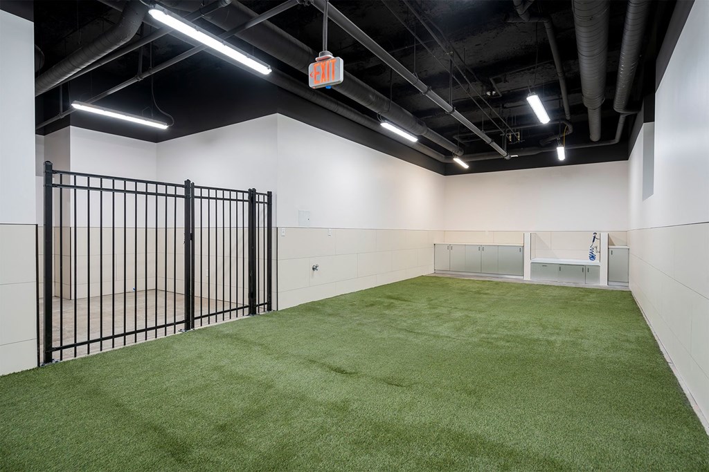 A room with artificial grass and a black gate.