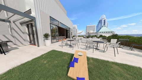 a patio with tables and chairs outside of a building
