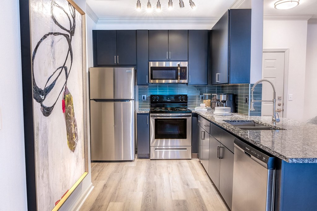 a kitchen with stainless steel appliances and a counter top
