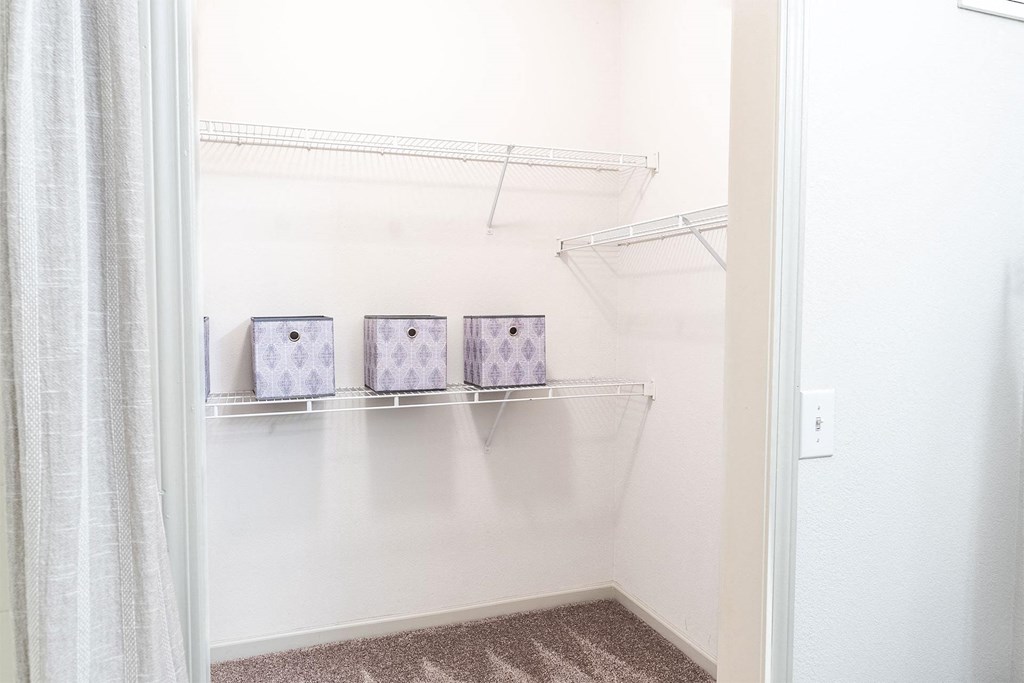 a walk in closet with two boxes on shelves and a shower curtain