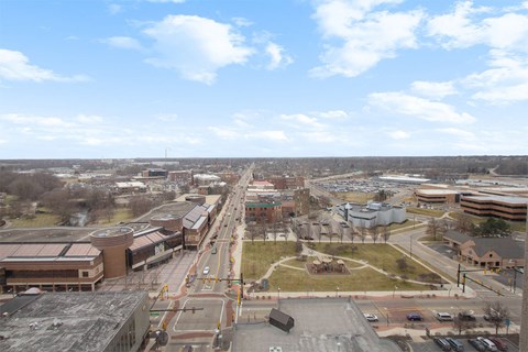 A view of a city from a high vantage point.