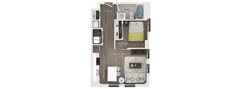 A floor plan of a small apartment with a bedroom, living area, kitchen, and bathroom.