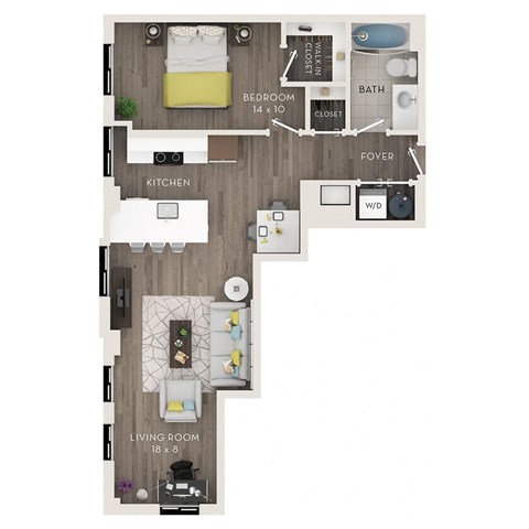 A floor plan of an apartment with a bedroom, living room, kitchen, bathroom, and foyer.