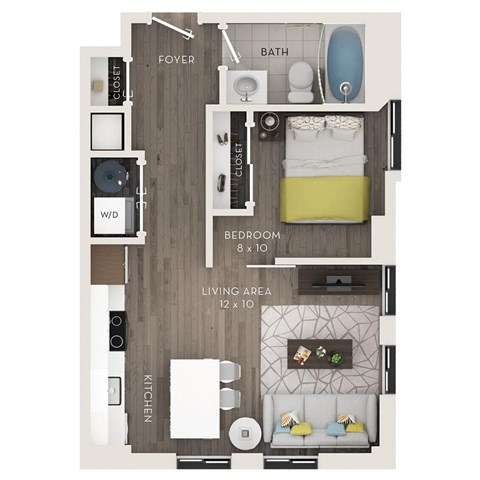 A floor plan of a small apartment with a bedroom, living area, kitchen, and bathroom.