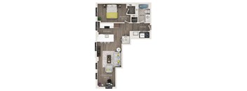 A floor plan of an apartment with a bedroom, living room, kitchen, bathroom, and foyer.