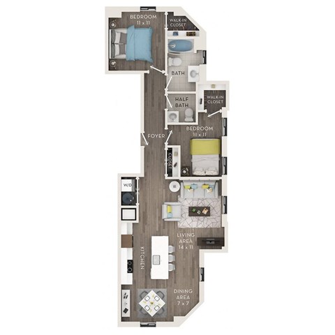 A floor plan of an apartment with two bedrooms, a living area, a kitchen, a dining area, a half bath, a foyer, and a walk-in closet.