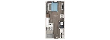 A floor plan of a small apartment with a living area, kitchen, bathroom, and bedroom.