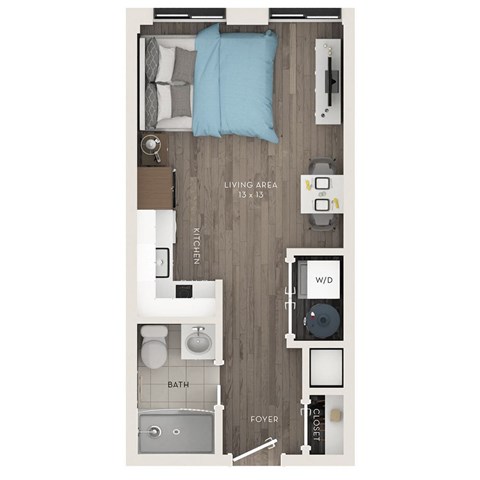 A floor plan of a small apartment with a living area, kitchen, bathroom, and bedroom.