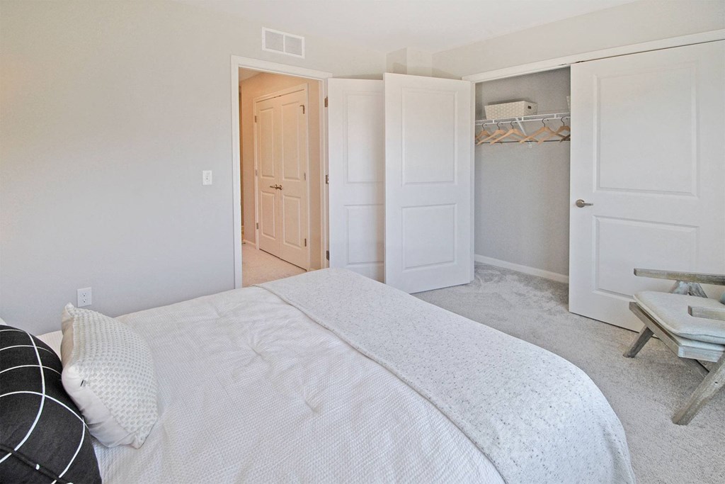 a bedroom with a bed and closet and a closet door open