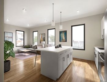 a rendering of a kitchen and living room in an apartment