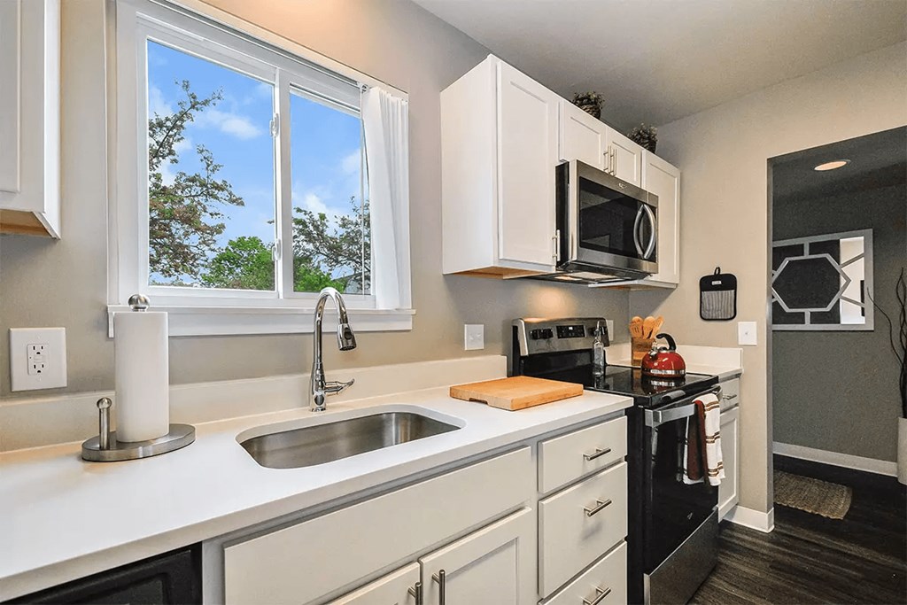 a kitchen with a sink and a window