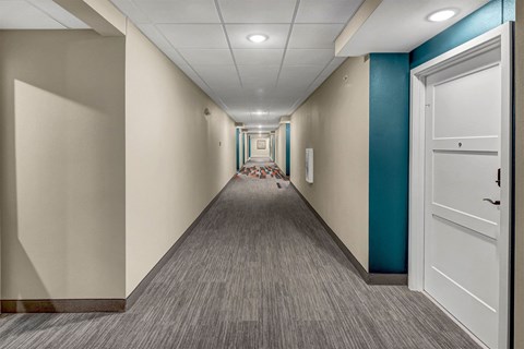 a hallway with white walls and blue and white doors and a rug on the floor