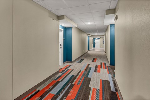 a long corridor with blue and white walls and a colorful rug on the floor
