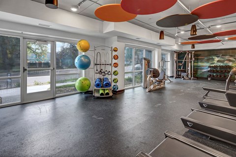the preserve at cardinal woods fitness room with exercise equipment and windows