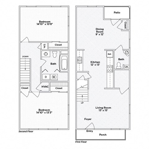 A floor plan of a two-story home with a living room, dining room, kitchen, two bedrooms, and a bathroom.