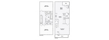 A floor plan of a two-story home with a living room, dining room, kitchen, two bedrooms, and a bathroom.