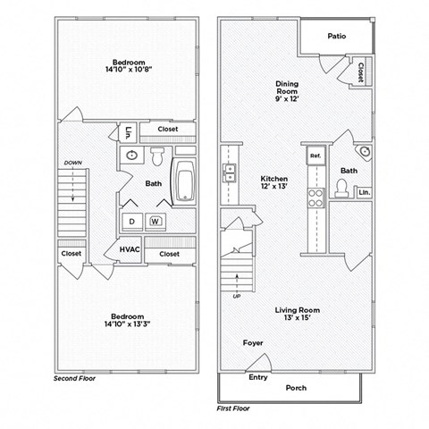 A floor plan of a two-story home with a living room, dining room, kitchen, two bedrooms, and a bathroom.