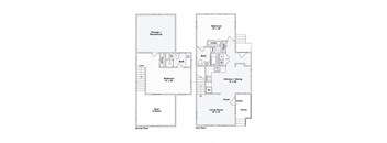 A floor plan of a house with two bedrooms, a living room, a kitchen, a bathroom, a storage/mechanical area, and a porch.