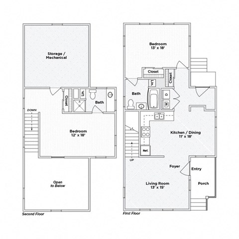 A floor plan of a house with two bedrooms, a living room, a kitchen, a bathroom, a storage/mechanical area, and a porch.