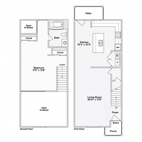 A floor plan of a two-story house with a living room, bedroom, and bathroom.