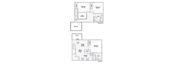A black and white image of a two-story house floor plan.
