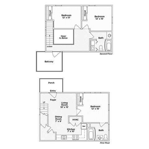 A black and white image of a two-story house floor plan.