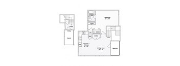 A floor plan of a house with a living area, kitchen, bathroom, and bedroom.
