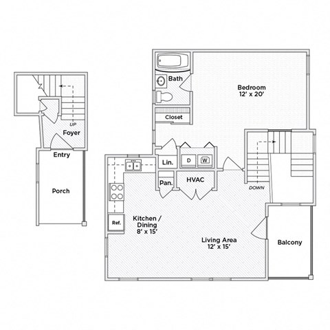 A floor plan of a house with a living area, kitchen, bathroom, and bedroom.