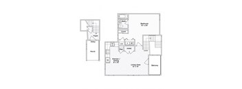 A floor plan of a house with a living area, kitchen, bathroom, and bedroom.