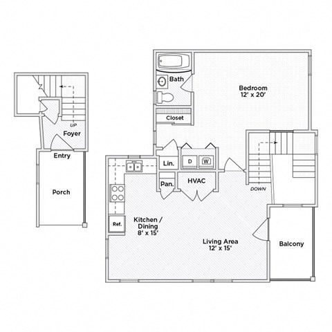 A floor plan of a house with a living area, kitchen, bathroom, and bedroom.