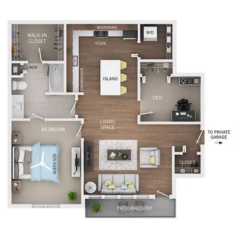 a furnished floor plan with a bedroom and a living room
