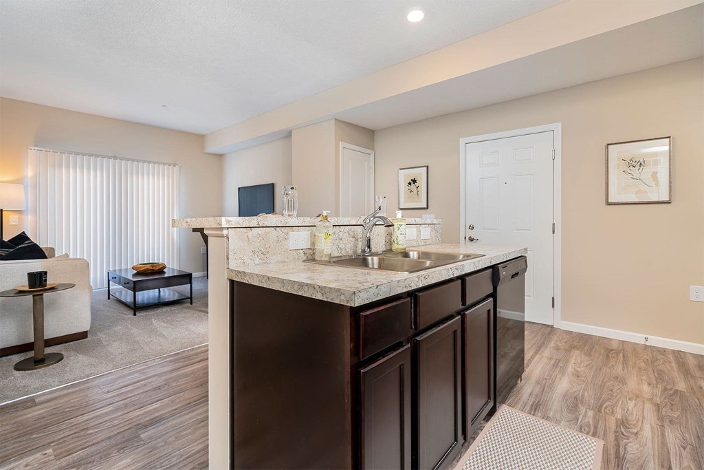 A kitchen with a marble countertop and dark wood cabinets.