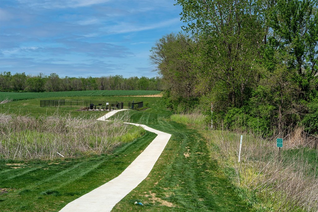 A pathway in a park with a green sign on the right.