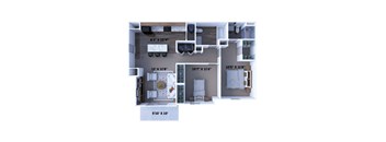 A floor plan of a house with a living room, kitchen, and two bedrooms.