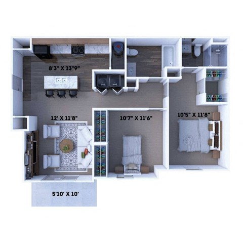 A floor plan of a house with a living room, kitchen, and two bedrooms.