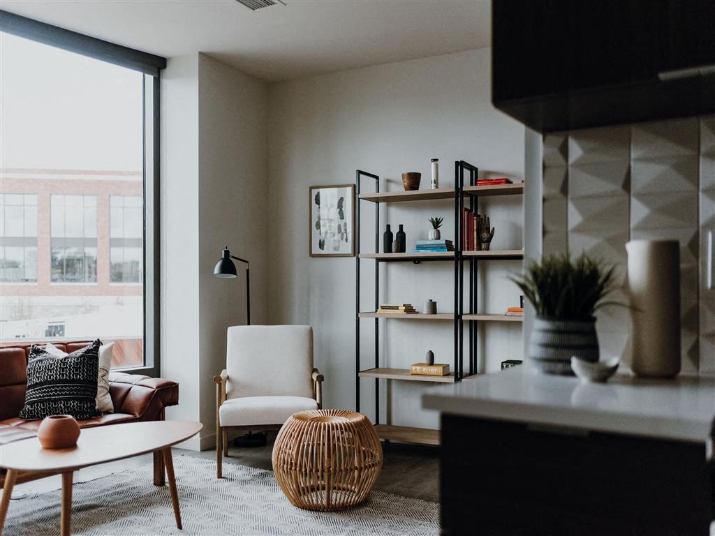 a living room with a bookshelf and a couch