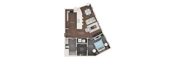 A floor plan of a small apartment with a kitchen, living room, bedroom, bathroom, and walk-in closet.