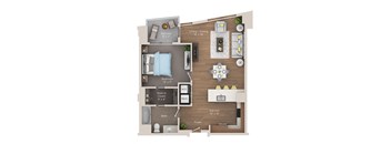 A floor plan of a one bedroom apartment with a balcony.