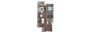 A floor plan of a small apartment with a kitchen, living room, dining area, bathroom, and bedroom.