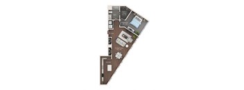 A floor plan of a small apartment with a kitchen, living room, and bathroom.