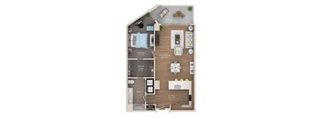 A floor plan of a small apartment with a bedroom, living room, kitchen, and bathroom.