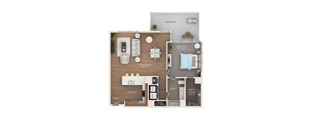 A floor plan of a small apartment with a living room, kitchen, bathroom, and bedroom.