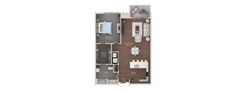 A floor plan of a small apartment with a bedroom, living room, kitchen, and bathroom.