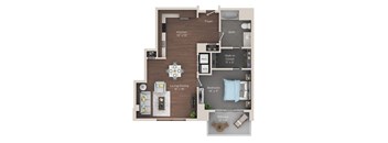 A floor plan of a home showing a kitchen, living room, dining room, bedroom, bathroom, and balcony.