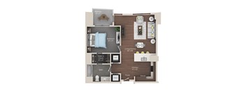 A floor plan of a house showing a bedroom, living room, kitchen, and bathroom.