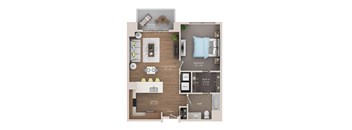 A floor plan of a small apartment with a living room, bedroom, kitchen, and bathroom.