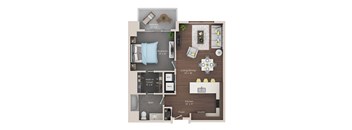 A floor plan of a home with a living room, dining room, kitchen, and two bedrooms.