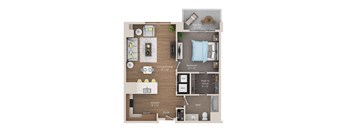 A floor plan of a small apartment with a living room, dining room, kitchen, bedroom, and bathroom.